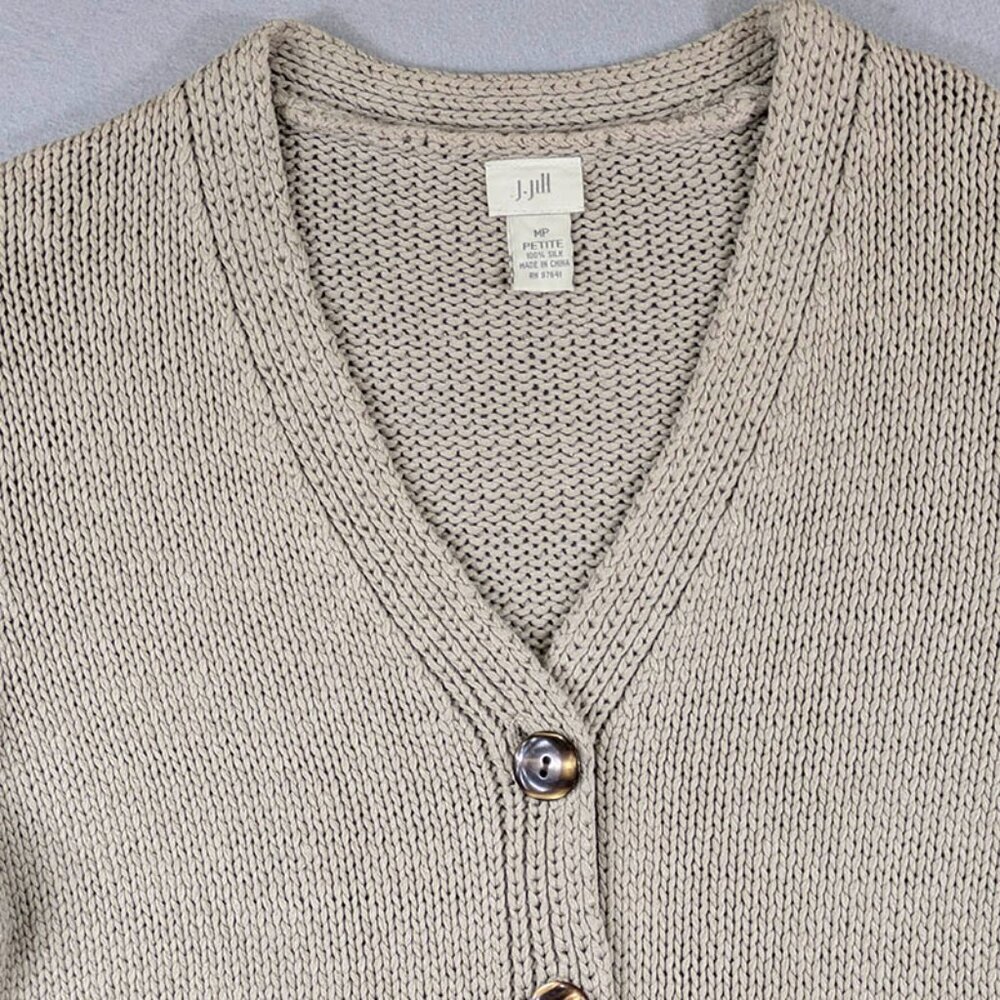J Jill Cardigan Womens Medium Petite 100% Silk Tan Brown Beige Long Sleeve - Picture 3 of 10
